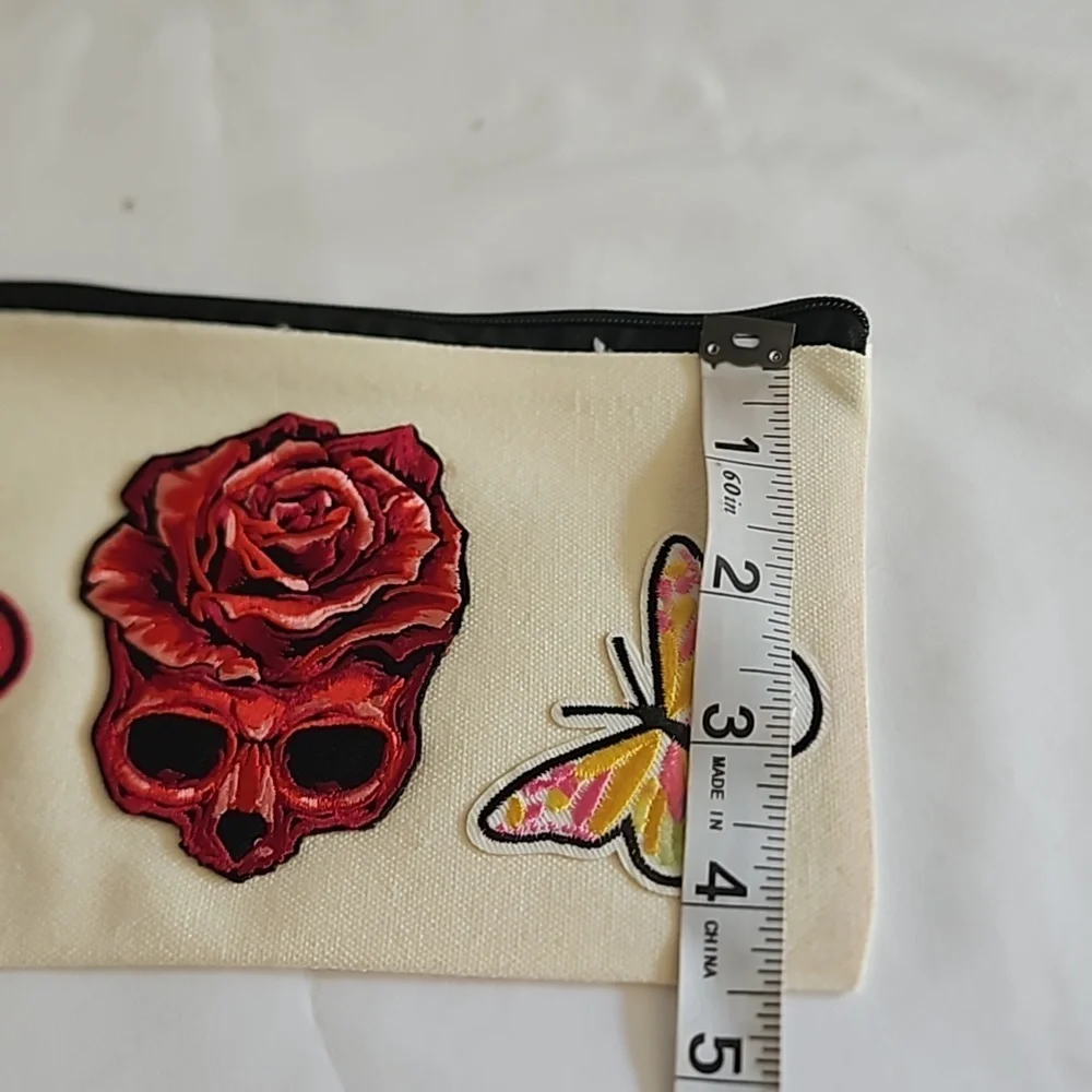 Hand Crafted embroidered bag red skull multicolored butterflies red rose rustic
